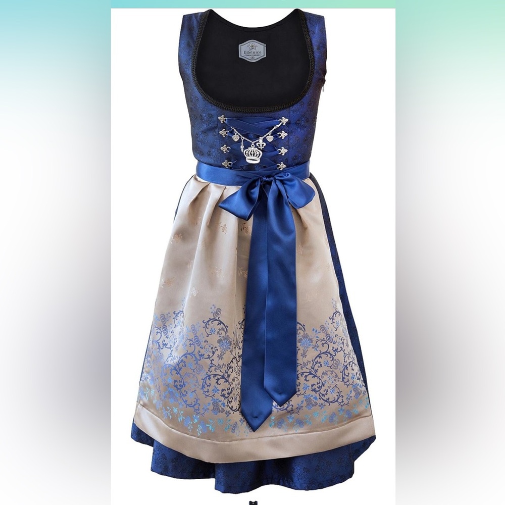 Bavarian Women's Midi Dirndl Dress 2-Pieces+ Apron RoyalBlue Gold